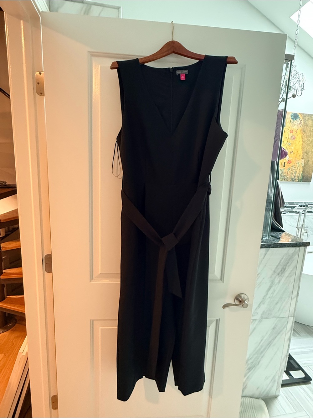 Vine Camuto Sleeveless V-Neck Black Jumpsuit with Tie Belt